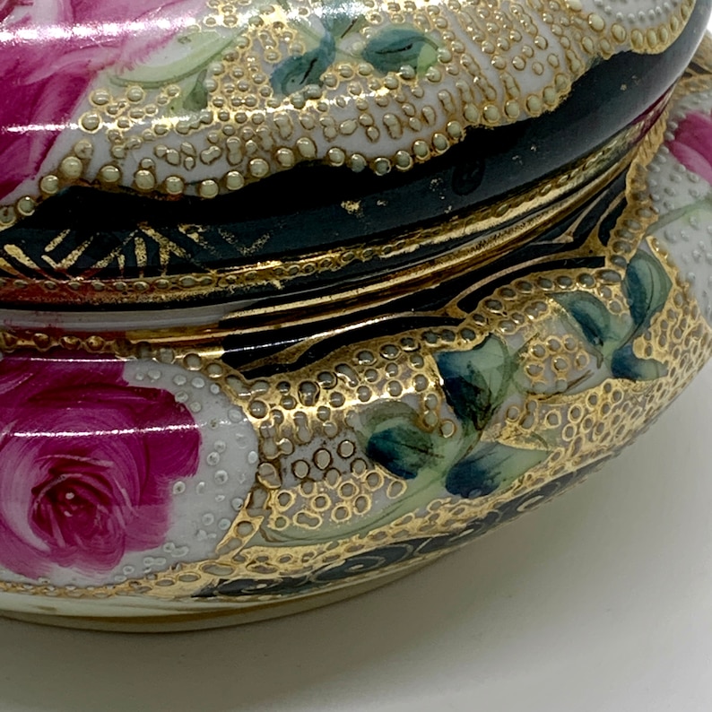 Antique Morimura Nippon Hair Receiver Vanity Box Porcelain Moriage Pink Roses Gold Dots
