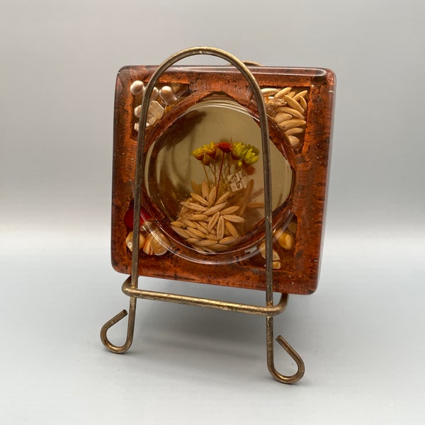 Vintage Design Gifts Lucite Coasters in Metal Stand, Dried Flowers and Seeds Coasters