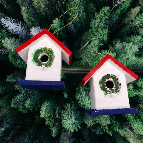 Miniature Wood Birdhouse Christmas Ornaments