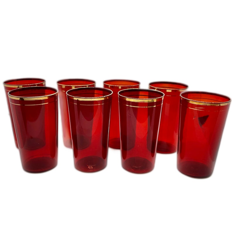 Vintage Ruby Red Drinking Glasses Double Gold Band Etsy
