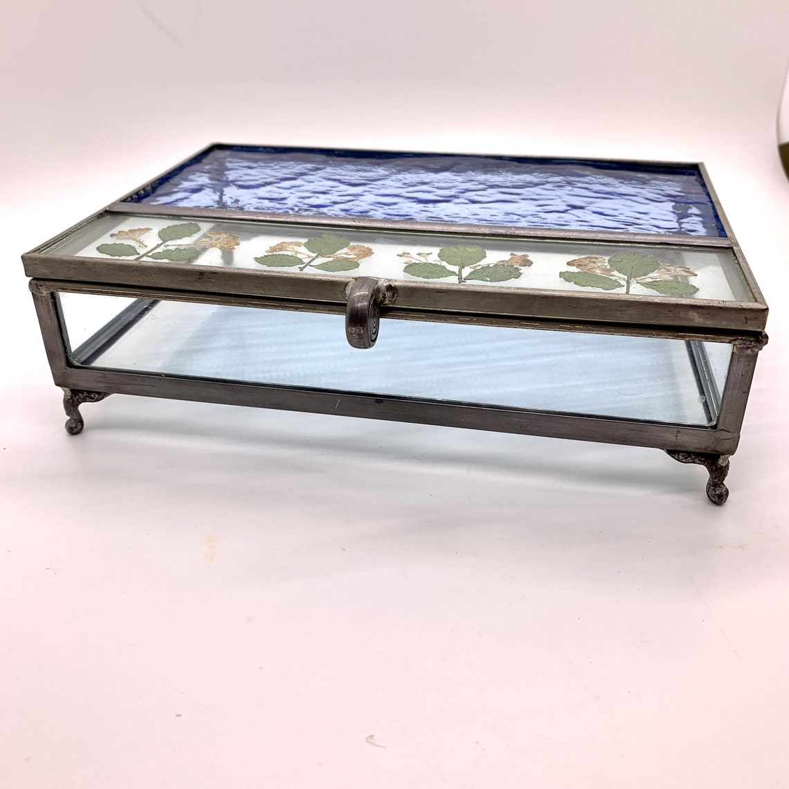Vintage Stained Glass Dresser Box Pressed Flowers Leaded Glass Etsy