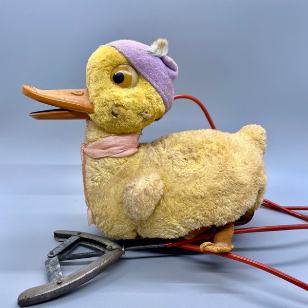 Vintage Waddling Duck Mechanical Toy, Yellow Quacking Duckling From Alps and Rock Valley Toys