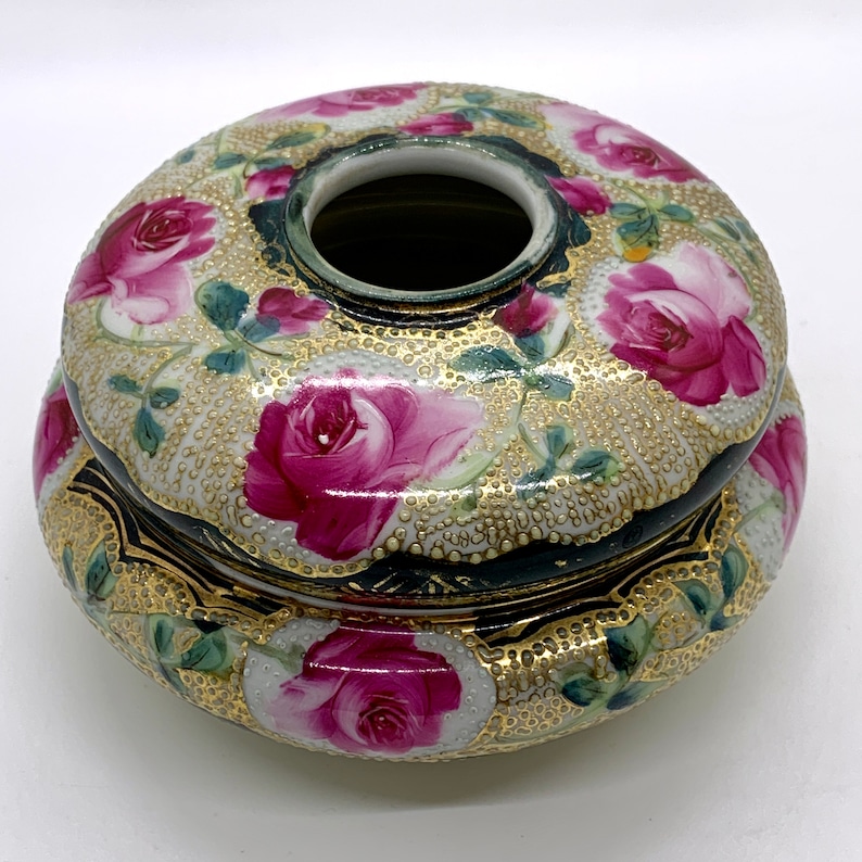 Antique Morimura Nippon Hair Receiver Vanity Box Porcelain Moriage Pink Roses Gold Dots