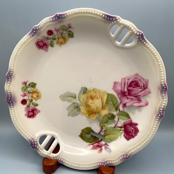 Antique KONIGSZELT Silesia Porcelain Reticulated Handled Dish, Pink and Yellow Rose Shallow Bowl
