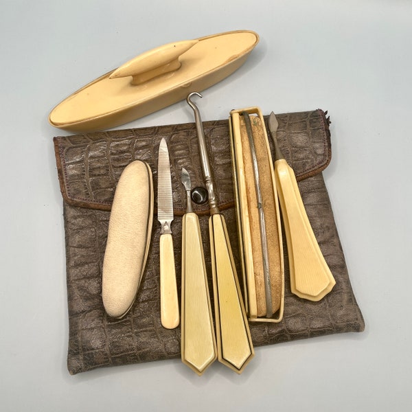 DuBarry French Ivory Pyralin Dresser Grooming Set, Celluloid Manicure Set and Button Hook