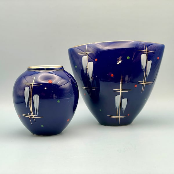 Vintage Pair of Marzi & Remy Vases, Mid Century Modern Echt Kobalt Handgemalt Cobalt Decor