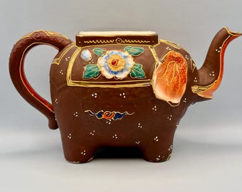 Vintage Japanese Satsuma Moriage Elephant-Shaped Teapot