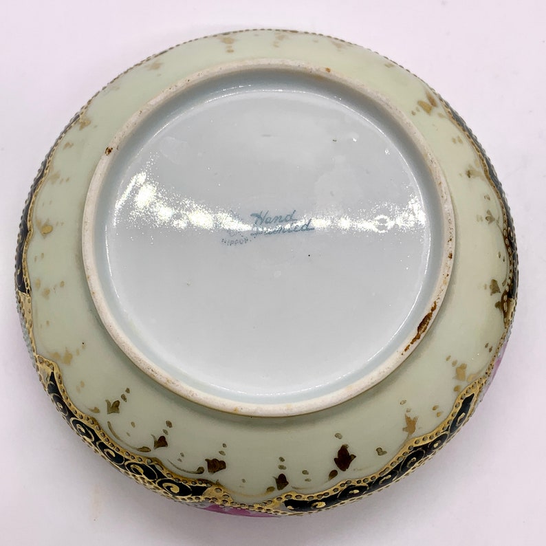 Antique Morimura Nippon Hair Receiver Vanity Box Porcelain Moriage Pink Roses Gold Dots