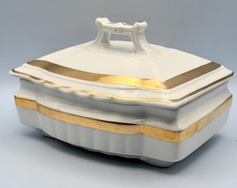 Jabonera con tapa Johnson Bros England Gold Band, porcelana Royal Ironstone.