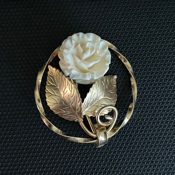 Vintage KARL LAGERFELD 14K Gold Filled White Rose Circle Brooch