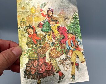 Vintage Foil Christmas Revelers Postcard
