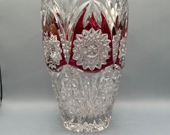 Vintage Anna Hutte Bleikristall Bohemian Vase, Red and Clear Cut Lead Crystal Vase