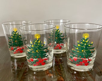 Vintage Christmas Tree Low Ball Glasses, Holiday Rocks Barware