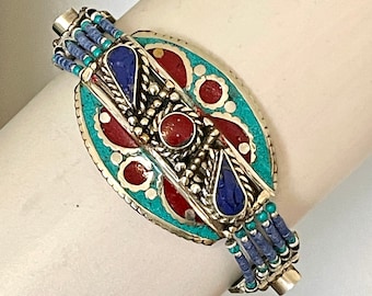 Pulsera vintage de cuentas de mosaico de plata tibetana: estilo bohemio clásico.