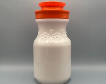 Vintage 16 Ounce Milk Glass Jar With Orange Plastic Lid, Promotional Tang Jar