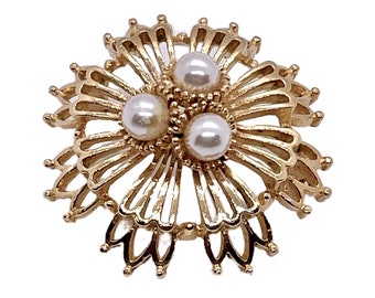 Vintage Lisner Faux Pearl Brooch,  Gold Tone Three Pearls Statement Brooch