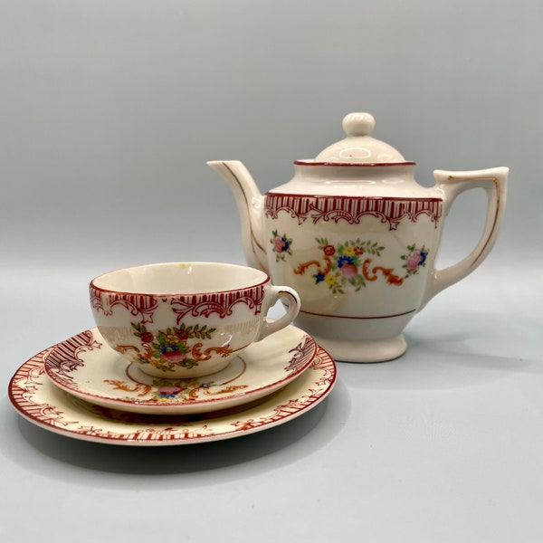 Vintage Childs theepot en snackset, porseleinen miniatuur theeservies