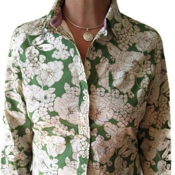 Vintage Boden green floral sketch print cotton summer shirt in size 14