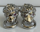 Unique Vintage 18k White Gold Lion Head Ruby Eye Door Knocker Statement Earrings