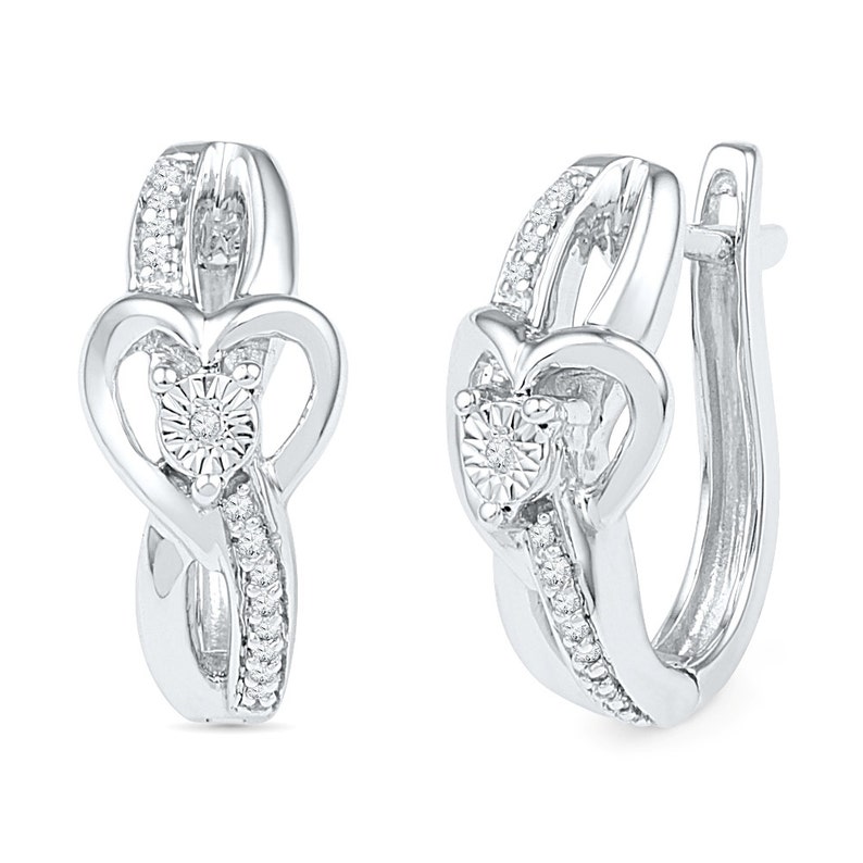 Diamond Heart Hoop Earrings in White Gold