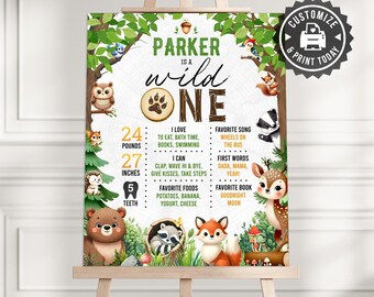 Woodland 1st Birthday Milestone Board | Editable Wild One Forest Animals Kids Party Sign | Custom Digital Printable Template 16x20
