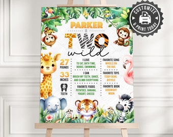 Safari 2nd Birthday Milestone Board | Editable Two Wild Jungle Animal Kids Party Sign Decor | Custom Digital Printable Template 16x20