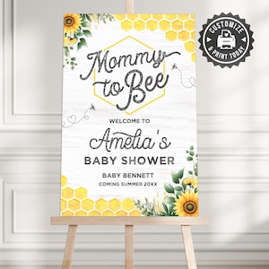 Welkomstbordje zonnebloem babyshower | Bewerkbaar honingbij moeder tot bij tuinfeest decoratiebord | Aangepaste digitale afdrukbare sjabloon: 24 x 36 inch