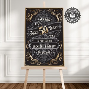 EDITABLE Aged To Perfection Whiskey Label Liquor Vintage Retro 50th Birthday Party Custom Welcome Sign Digital Printable Template 36x24