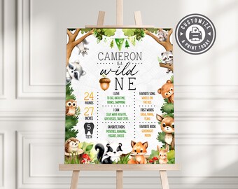 Woodland 1st Birthday Milestone Board | Editable Wild One Forest Animals Kids Party Sign | Custom Digital Printable Template 16x20