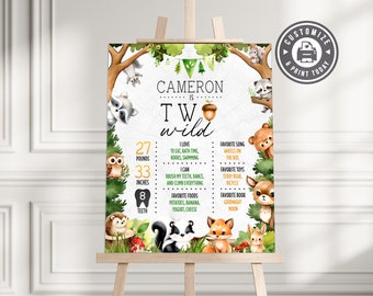 Woodland 2nd Birthday Milestone Board | Editable Two Wild Forest Animals Kids Party Sign | Custom Digital Printable Template 16x20