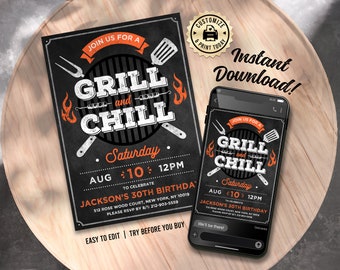 EDITABLE Grill & Chill BBQ Barbecue Tailgate Backyard Cookout Casual Chalk Birthday Party Invitation Custom Digital Printable Template - 5x7