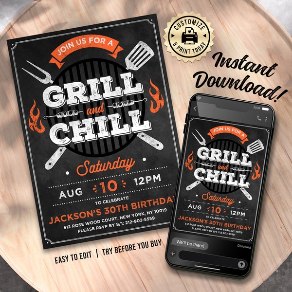 EDITABLE Grill & Chill BBQ Barbecue Tailgate Backyard Cookout Casual Chalk Birthday Party Invitation Custom Digital Printable Template - 5x7