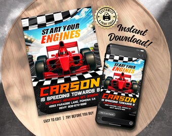 Race Car Birthday Invitation | Editable Grand Prix Car Racing Theme Kids Party Invite | Custom Digital Printable Template 5x7