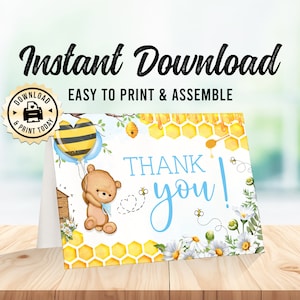 Honingbijbedankkaart | Instant Download babyshower jongen of kinderen verjaardag gevouwen blanco gunstkaart | Aangepaste digitale afdrukbare 3,5 x 5 inch