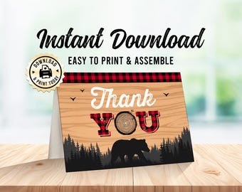 Lumberjack Thank You Card | Instant Download Flannel Up Kids Plaid Party Favor Card | Folded Blank Custom Digital Printable 3.5x5"