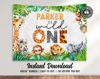 Può includere: Uno striscione stampabile da 122x91 cm per un primo compleanno. Lo striscione ha un tema giungla con una giraffa, una zebra, una scimmia, un leone e un elefante. Il testo sullo striscione è "Parker è un selvaggio".