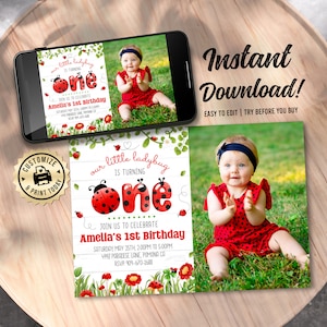 Kleiner Marienkäfer 1.Geburtstags-Foto-Einladung | Bearbeitbare Baby Mädchen Gartenparty Einladungskarte | Benutzerdefinierte digitale druckbare Vorlage 18x15
