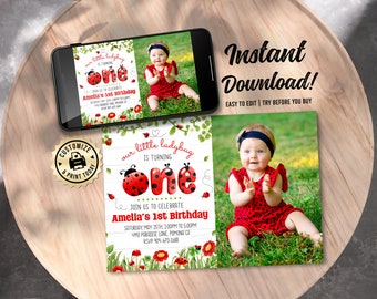 May include: Printable ladybug-themed first birthday invitation with a photo of a baby girl in a red dress. The invitation features a red and black ladybug with the word "one" in colorful letters. The text reads "our little ladybug is turning one. Join us to celebrate Amelia's 1st Birthday. Saturday May 25th, 2:00pm to 5:00pm. 4998 Paradise Lane, Pomona CA. RSVP 909-670-1688."