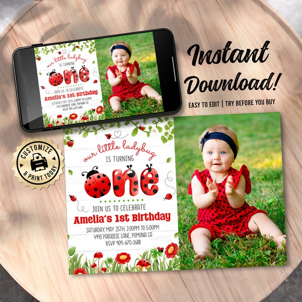 EDITABLE Little Ladybug Is Turning One Girls 1st Birthday Party Watercolor Nature Garden Custom Invitation Digital Printable Template - 7x5