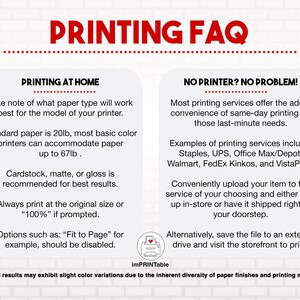 May include: A red and white graphic with the text "PRINTING FAQ" in large red letters. The graphic provides information about printing at home and using printing services. It includes tips on paper types, printing sizes, and options for printing services.