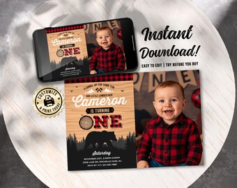 Lumberjack 1st Birthday Photo Invitation | Editable Flannel Up Baby Boy's 1st Birthday Party Invite | Custom Digital Printable Template 7x5