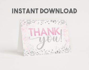 Instant Download Winter Wonderland Pink Baby Shower Sprinkle Birthday Party Folded Blank Matching Thank You Card Digital Printable - 5x7