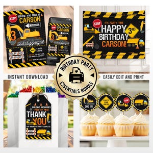 Construction Birthday Party Bundle | Editable Excavator Invitation Thank You Tag Banner Custom Digital Templates | Printable Cupcake Toppers