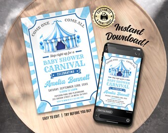 Baby Shower Carnival Invitation | Blue Circus Tent Big Top Boy Sprinkle Party Invite | Custom Digital Printable Template 5x7