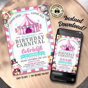 Birthday Carnival Invitation | Editable Pink Circus Animals Theme Kid&#39;s Girl&#39;s Party Invite | Custom Digital Printable Template 5x7