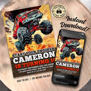 Monster Truck Birthday Invitation | Editable Truck Racing Rally Kids Boys Party Invite | Custom Digital Printable Template 5x7