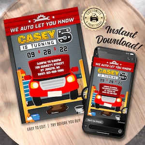 Car Shop Birthday Invitation | Editable Auto Repair Mechanic Garage Theme Kids Party Invite | Custom Digital Printable Template 5x7