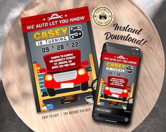 May include: A red and black birthday invitation for a boy's 5th birthday party. The invitation features a cartoon car with the text "We Auto Let You Know Casey is Turning 5" and the date "09 28 22".