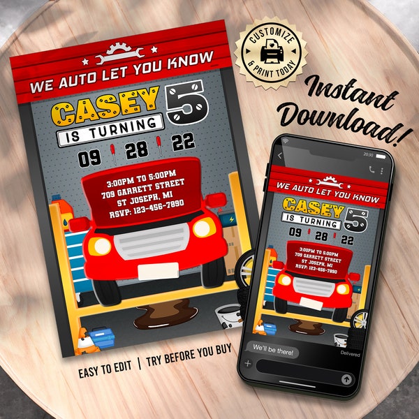 EDITABLE Mechanic Automotive Auto Body Garage Shop Car Repair Kids Girls Boys Birthday Party Invitation Digital Printable Template - 5x7