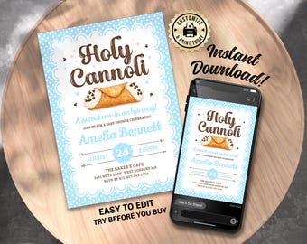 Holy Cannoli Baby Shower Invitation | Editable Cookie Theme Sweet Baby Boy Sprinkle Party Invite | Custom Digital Printable Template 5x7
